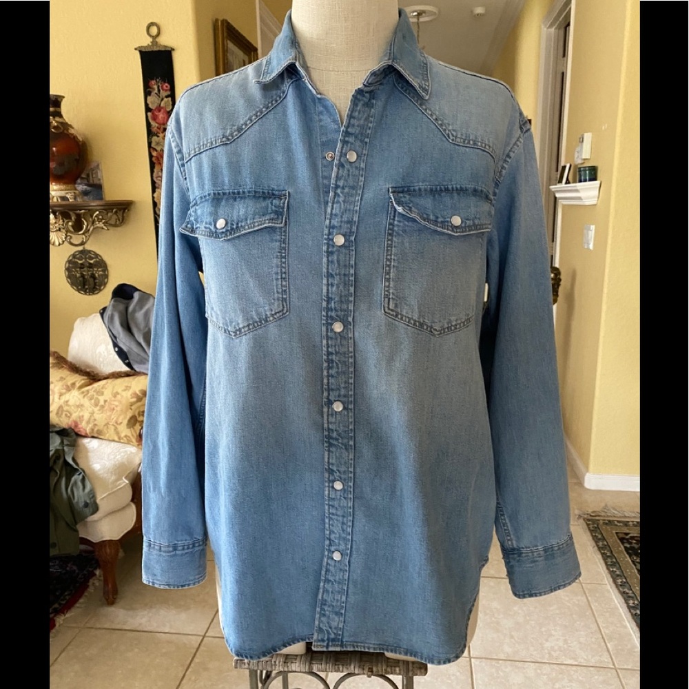 H&M Blue Oversized Jean Shirt Jacket Back Pleat